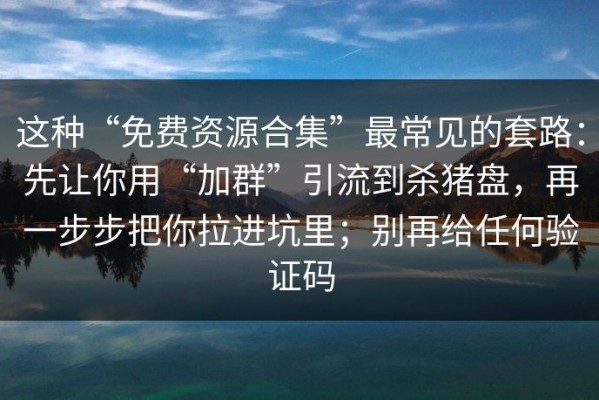 这种“免费资源合集”最常见的套路：先让你用“加群”引流到杀猪盘，再一步步把你拉进坑里；别再给任何验证码