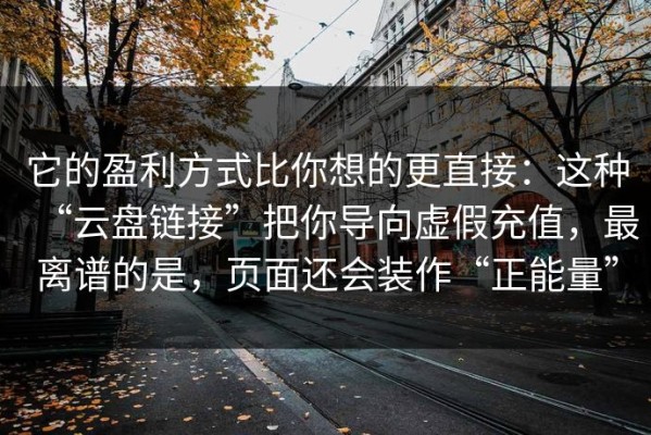 它的盈利方式比你想的更直接：这种“云盘链接”把你导向虚假充值，最离谱的是，页面还会装作“正能量”