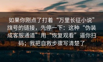 如果你刚点了打着“万里长征小说”旗号的链接，先停一下：这种“伪装成客服通道”用“恢复观看”逼你扫码；我把自救步骤写清楚了
