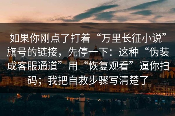 如果你刚点了打着“万里长征小说”旗号的链接，先停一下：这种“伪装成客服通道”用“恢复观看”逼你扫码；我把自救步骤写清楚了