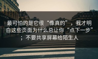 最可怕的是它很“像真的”，我才明白这些页面为什么总让你“点下一步”；不要共享屏幕给陌生人